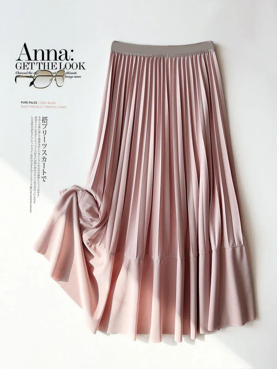 Simple Elegant Pleated Skirt for Women Spring Summer Elegant Stitching A line Slimming Large Swing Mid Length Skirt