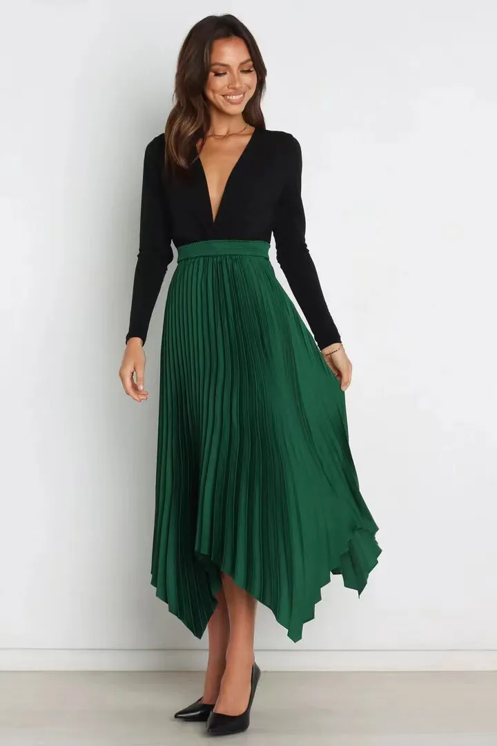 Solid Color Sun Pleated Elastic High Waist Casual All Matching Women Clothing Dress