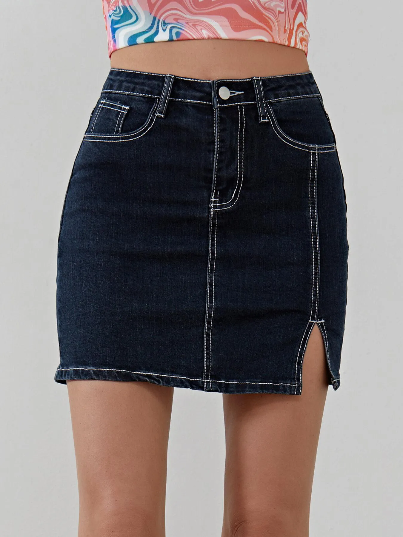 Split Pocket Bodycon Denim Skirt