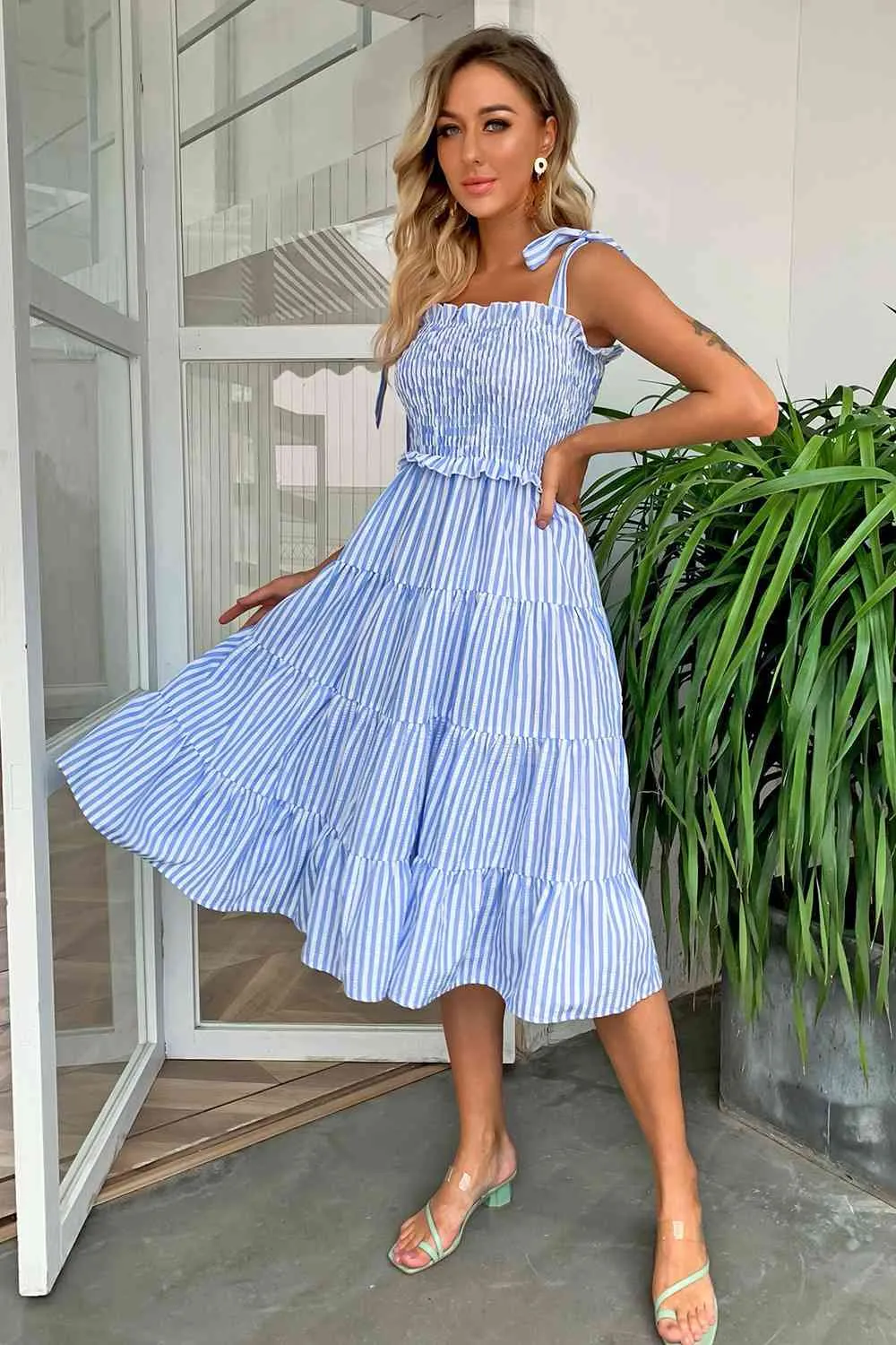 Striped Tie-Shoulder Tiered Dress