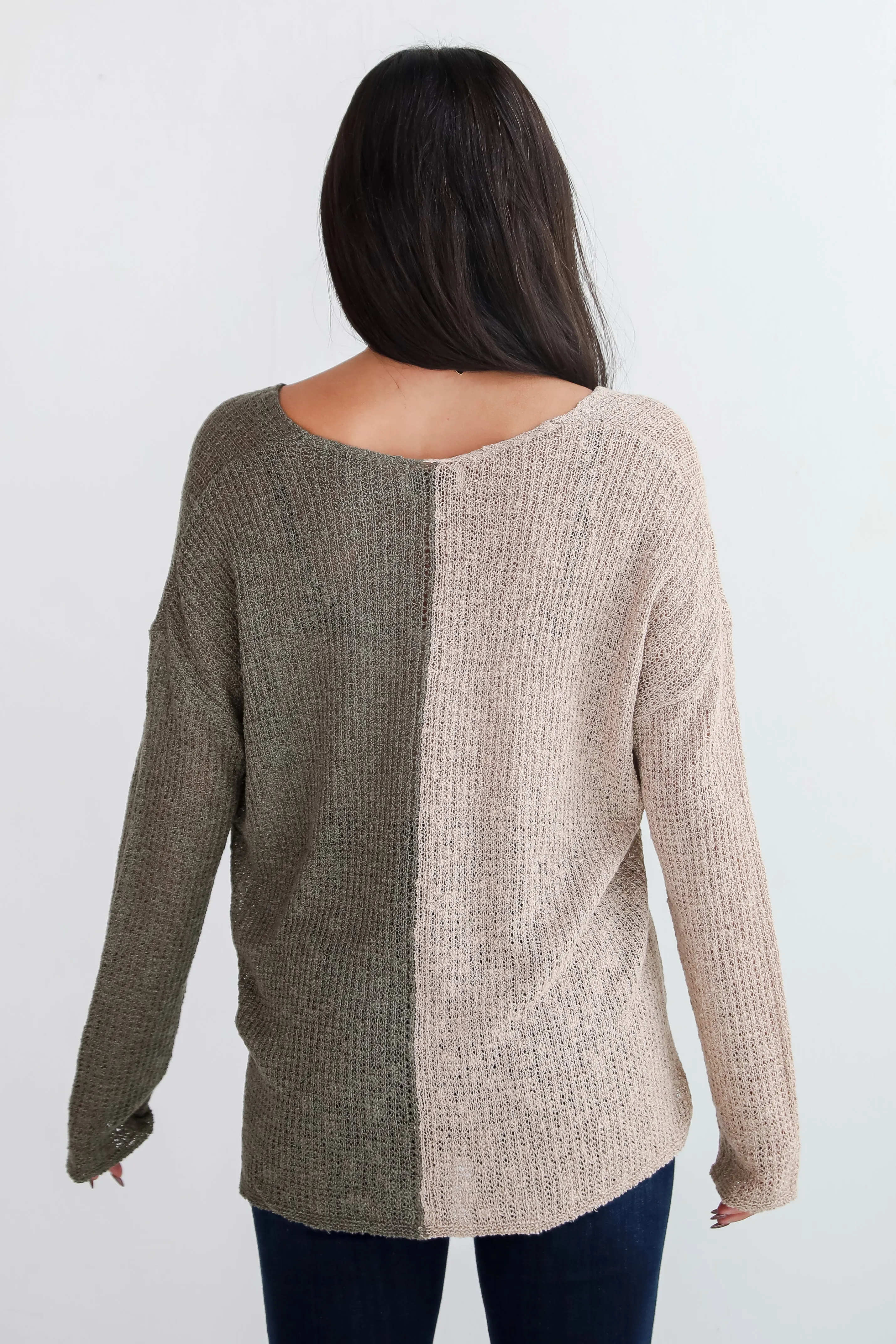 Sweetest Attitude Olive Color Block Lightweight Knit Sweater