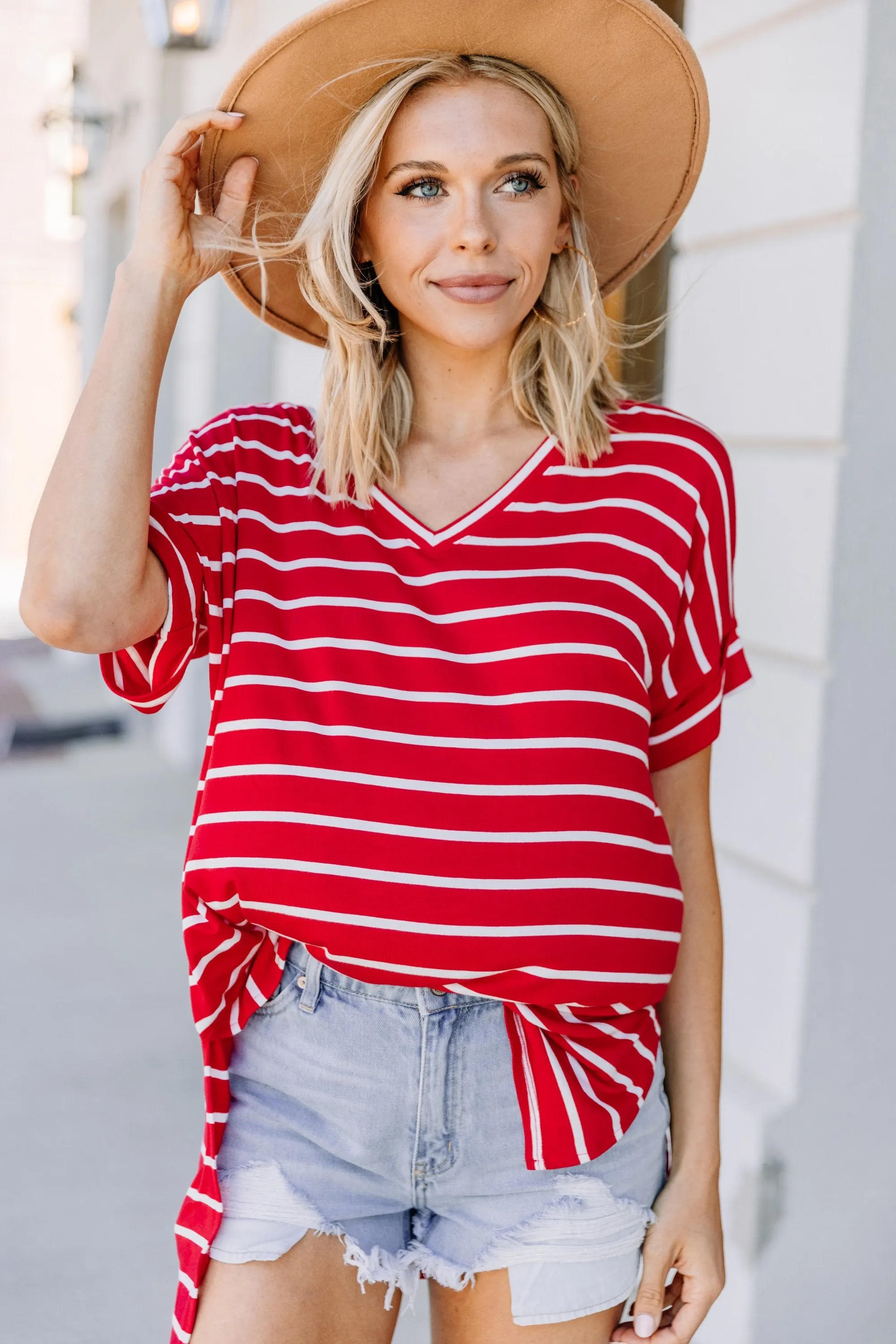 This Is No Joke Ruby Red Striped Top