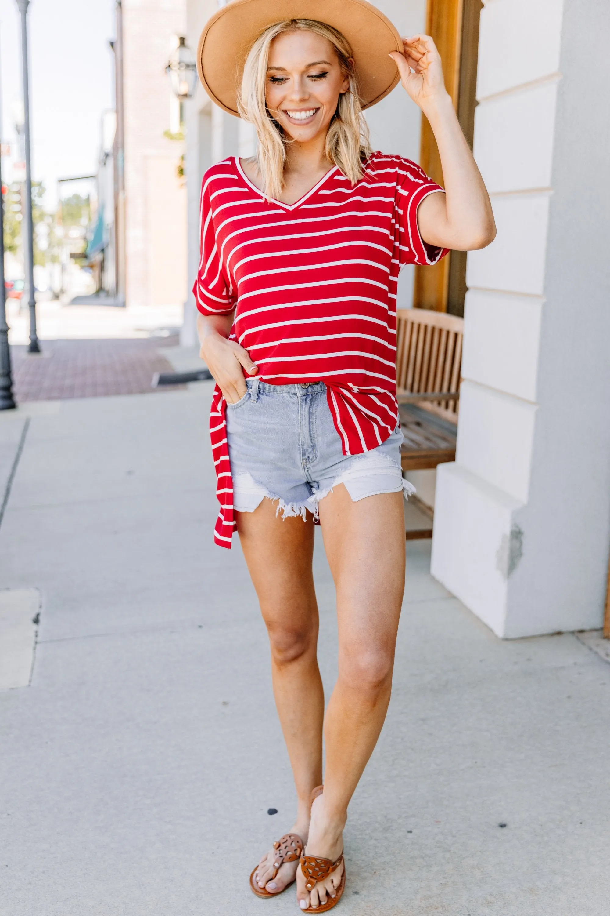 This Is No Joke Ruby Red Striped Top