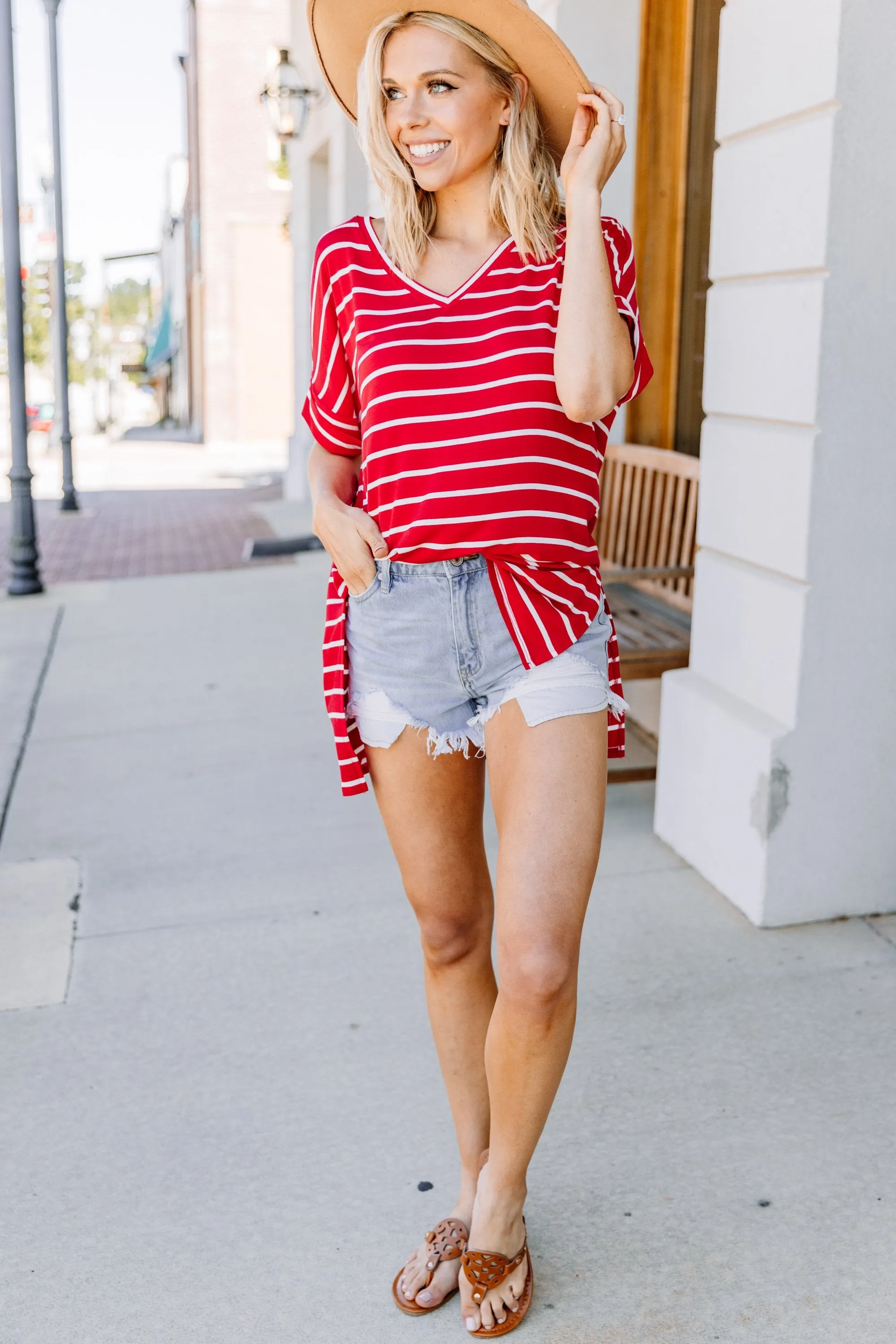 This Is No Joke Ruby Red Striped Top