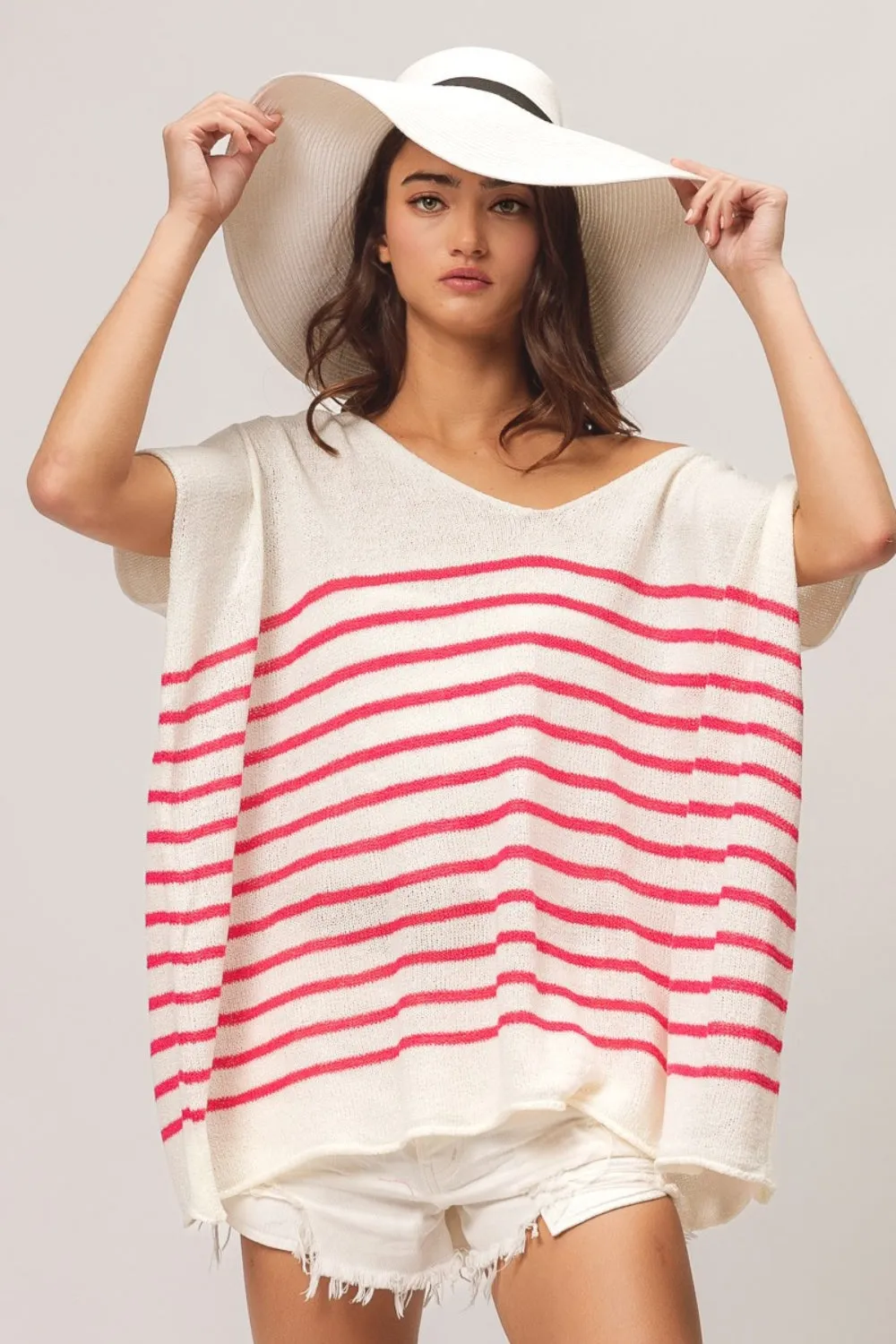 V-Neck Striped Short Sleeve Top - Fuchsia