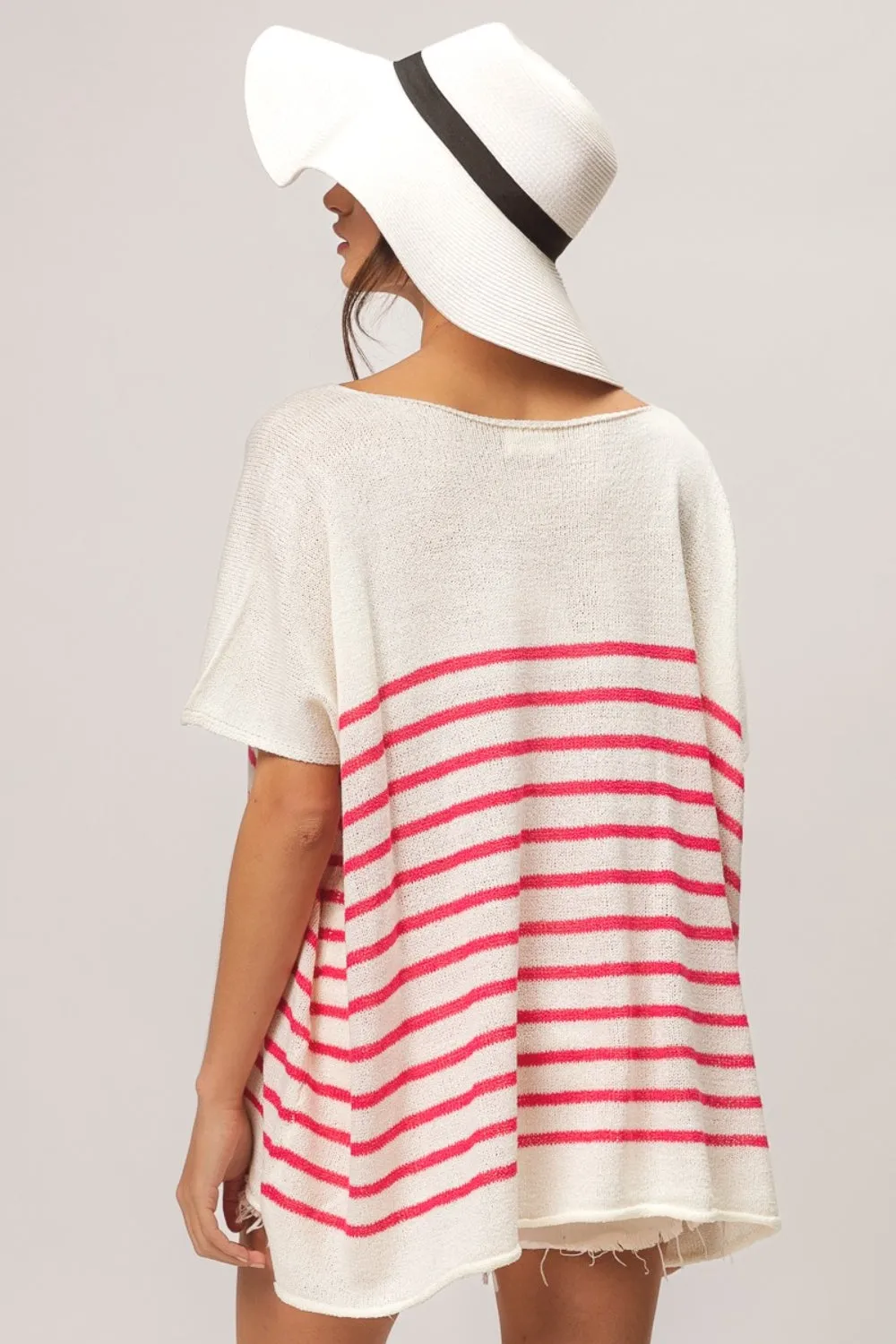 V-Neck Striped Short Sleeve Top - Fuchsia