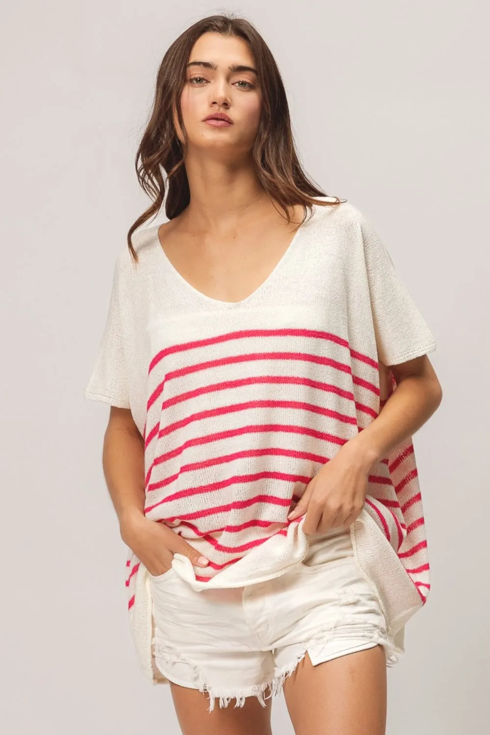 V-Neck Striped Short Sleeve Top - Fuchsia