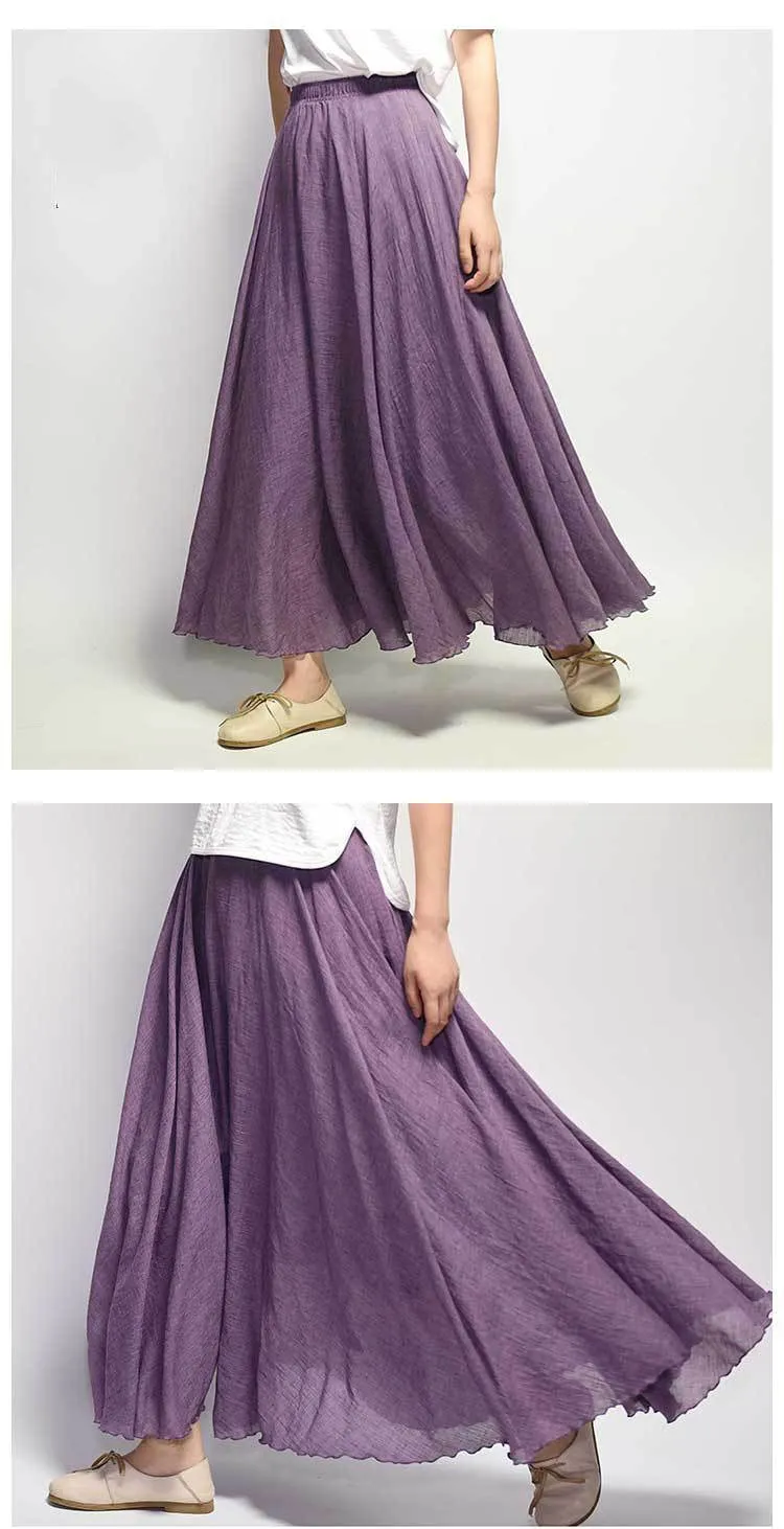 VenusFox Boho Linen Cotton Elastic Waist Maxi Skirts