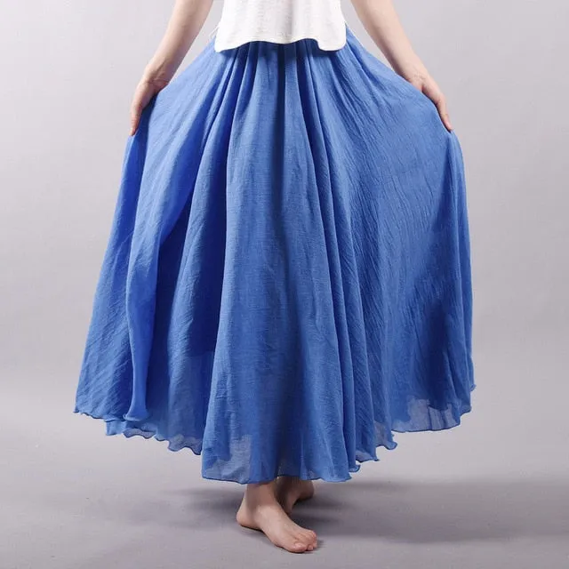 VenusFox Boho Linen Cotton Elastic Waist Maxi Skirts