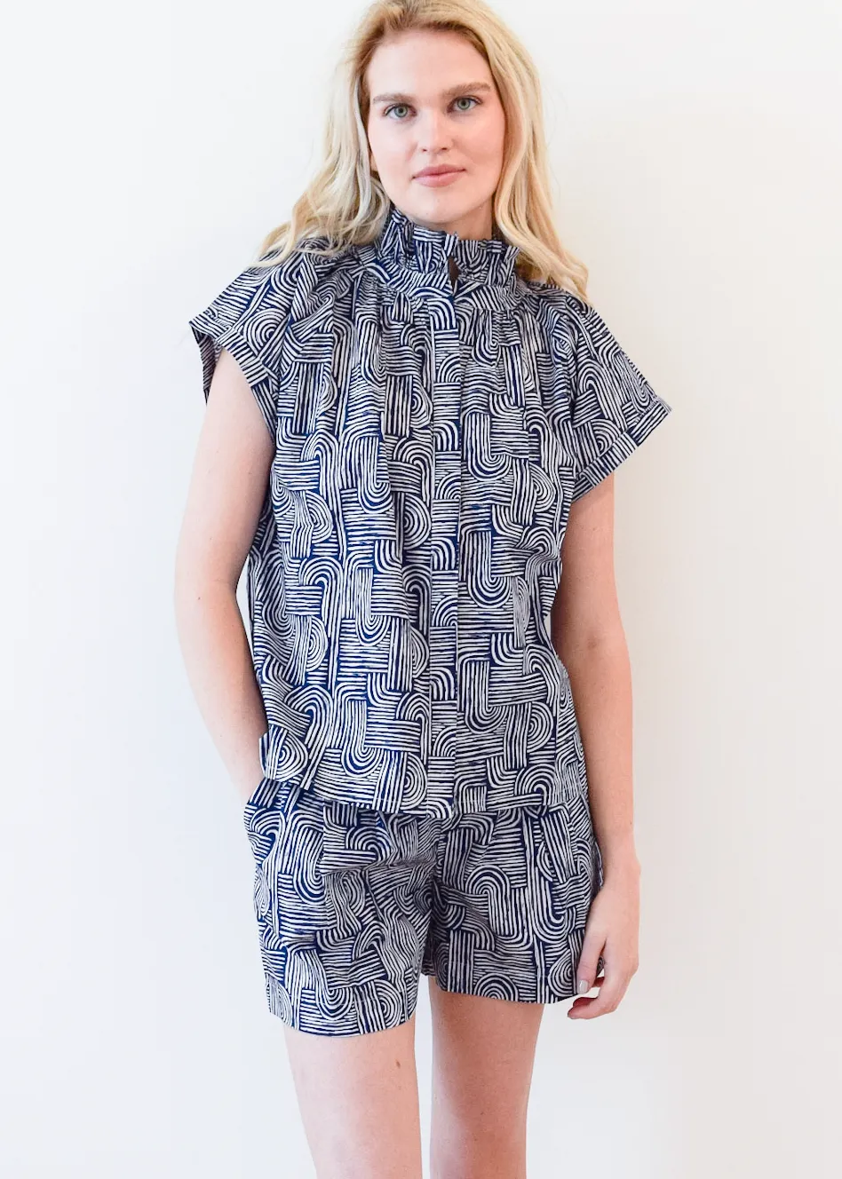 Vicki Button Down Top Navy Swirl