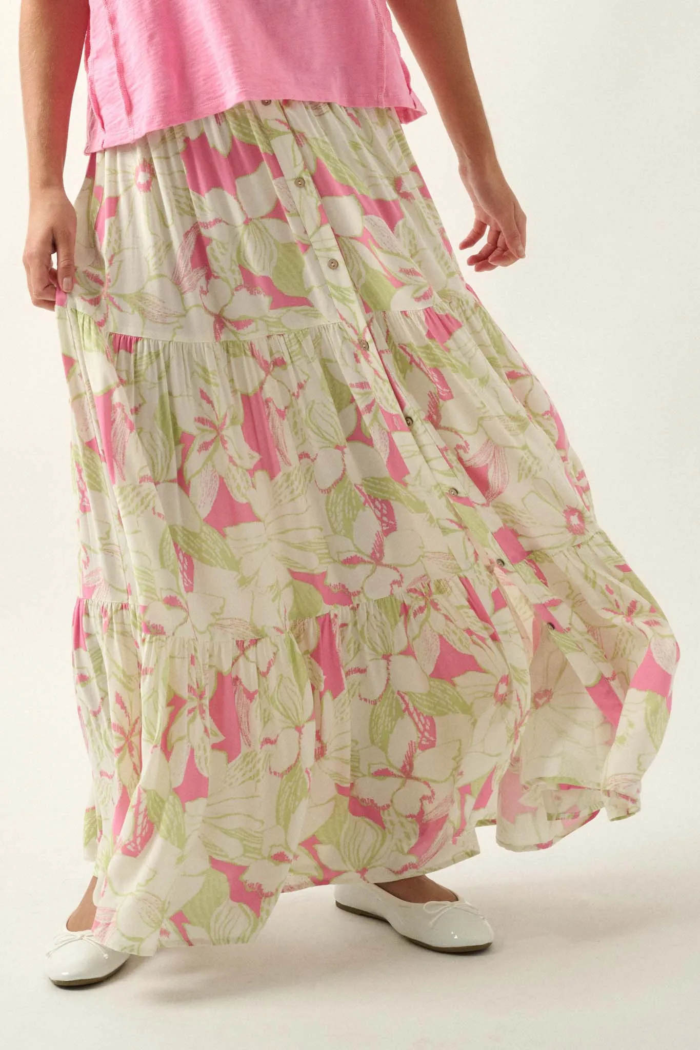 Waikiki Weekend Tiered Floral Buttoned Maxi Skirt