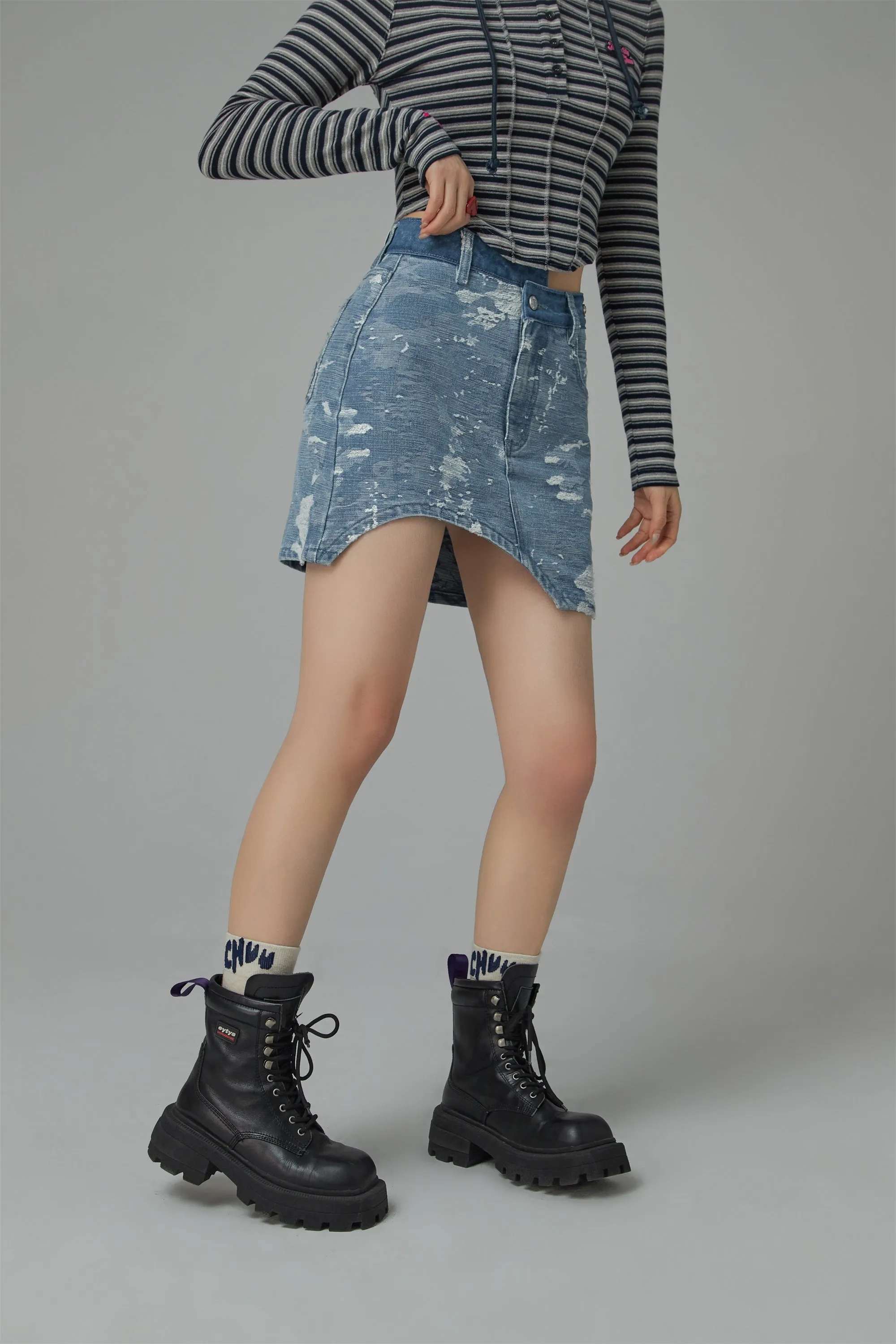 Washed Denim Unbalanced Mini Skirt