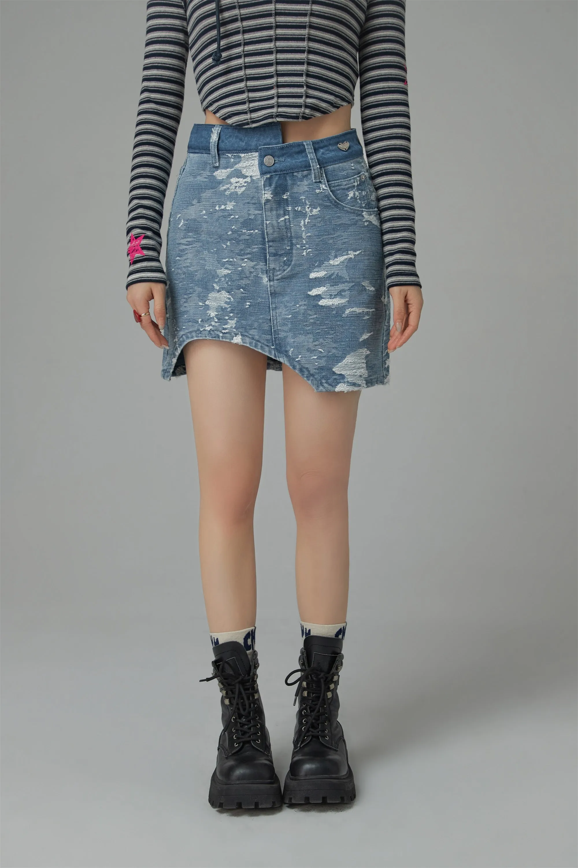 Washed Denim Unbalanced Mini Skirt