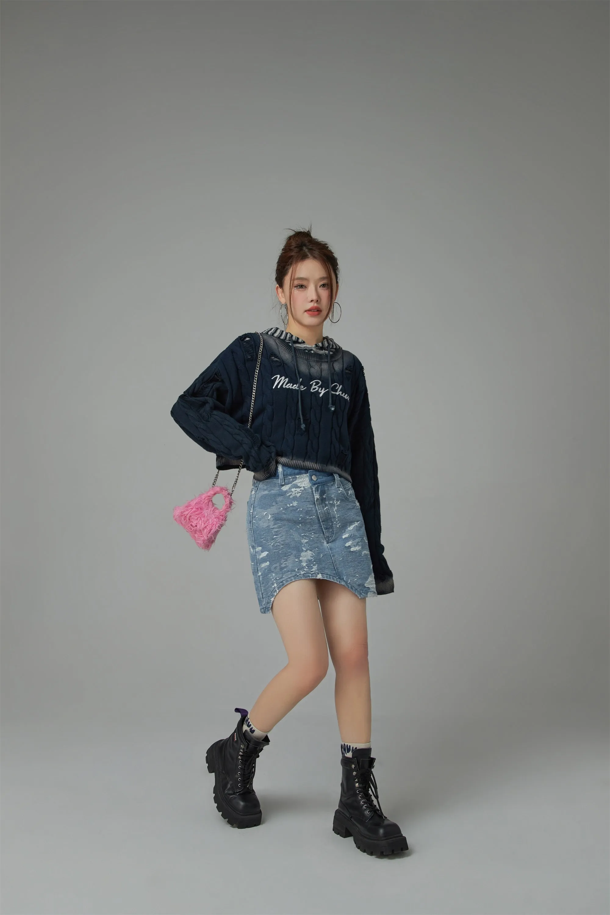 Washed Denim Unbalanced Mini Skirt