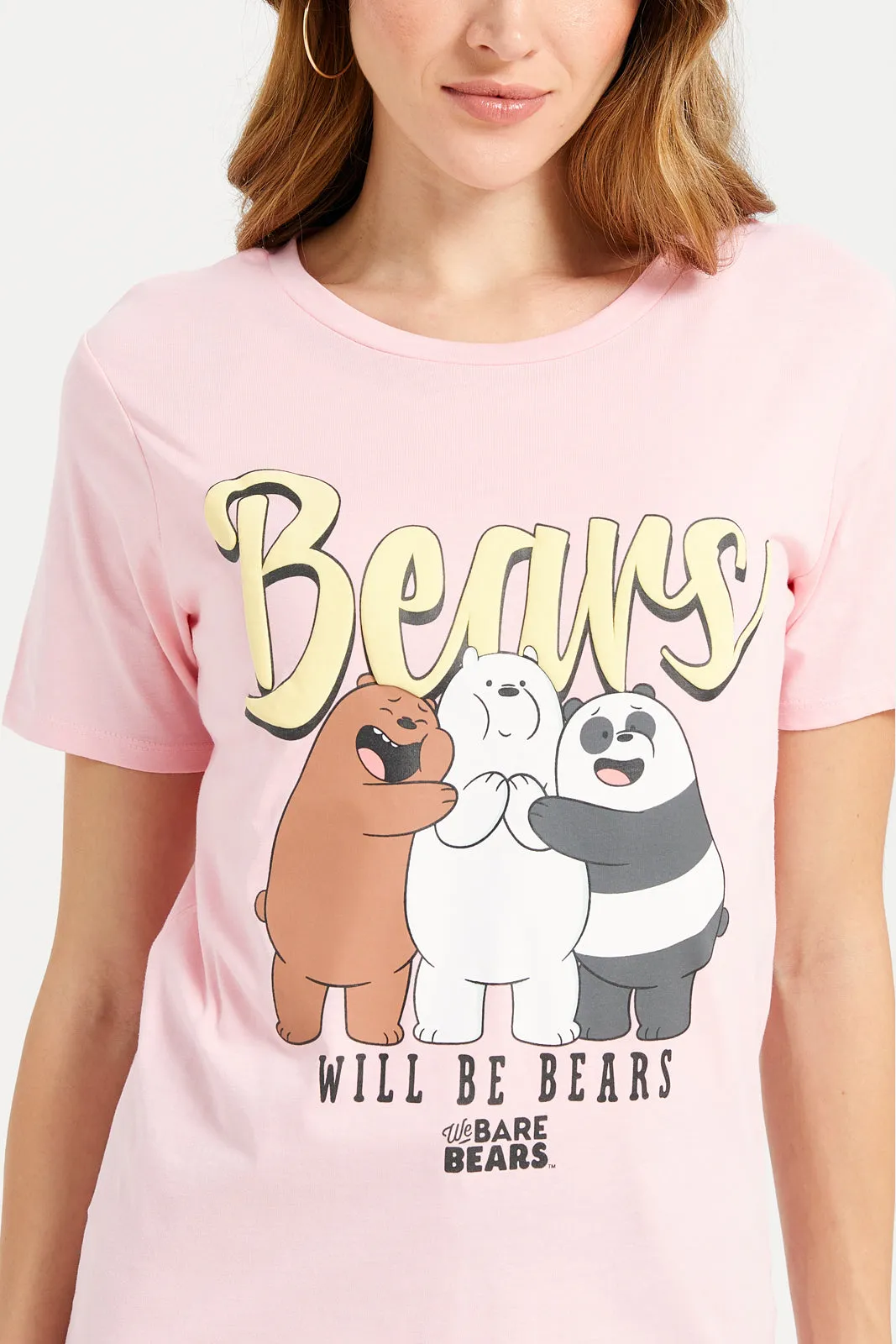 Women Pink We Bare Bears Printed T-Shirt