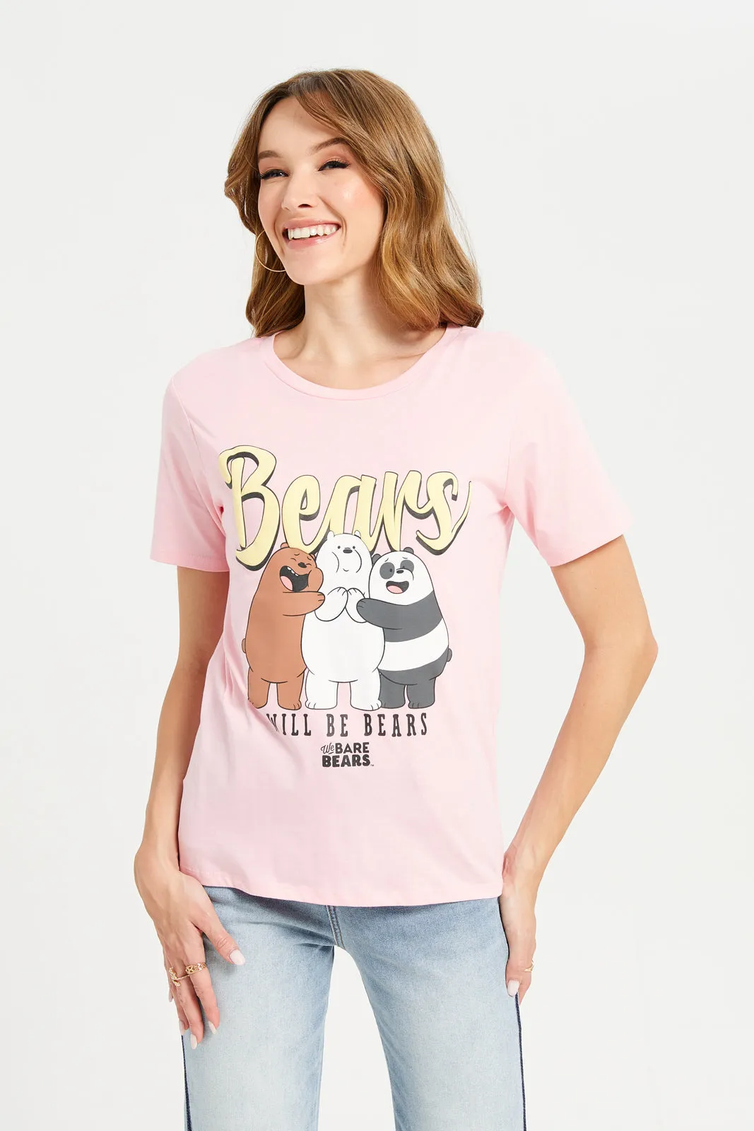 Women Pink We Bare Bears Printed T-Shirt