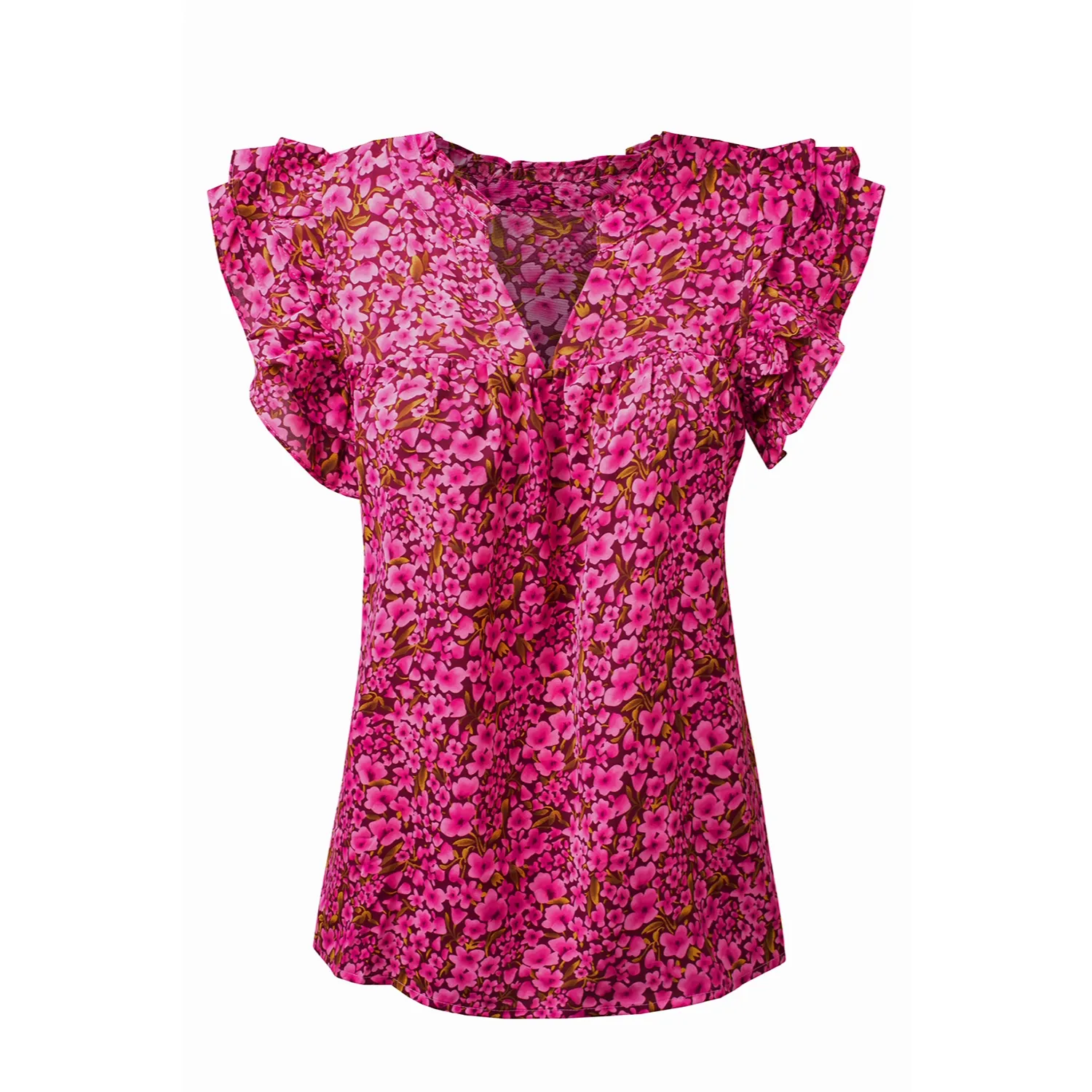 Women's Elegant Casual Floral V-Neck Ruffle Blouse Top for Summer-Pink