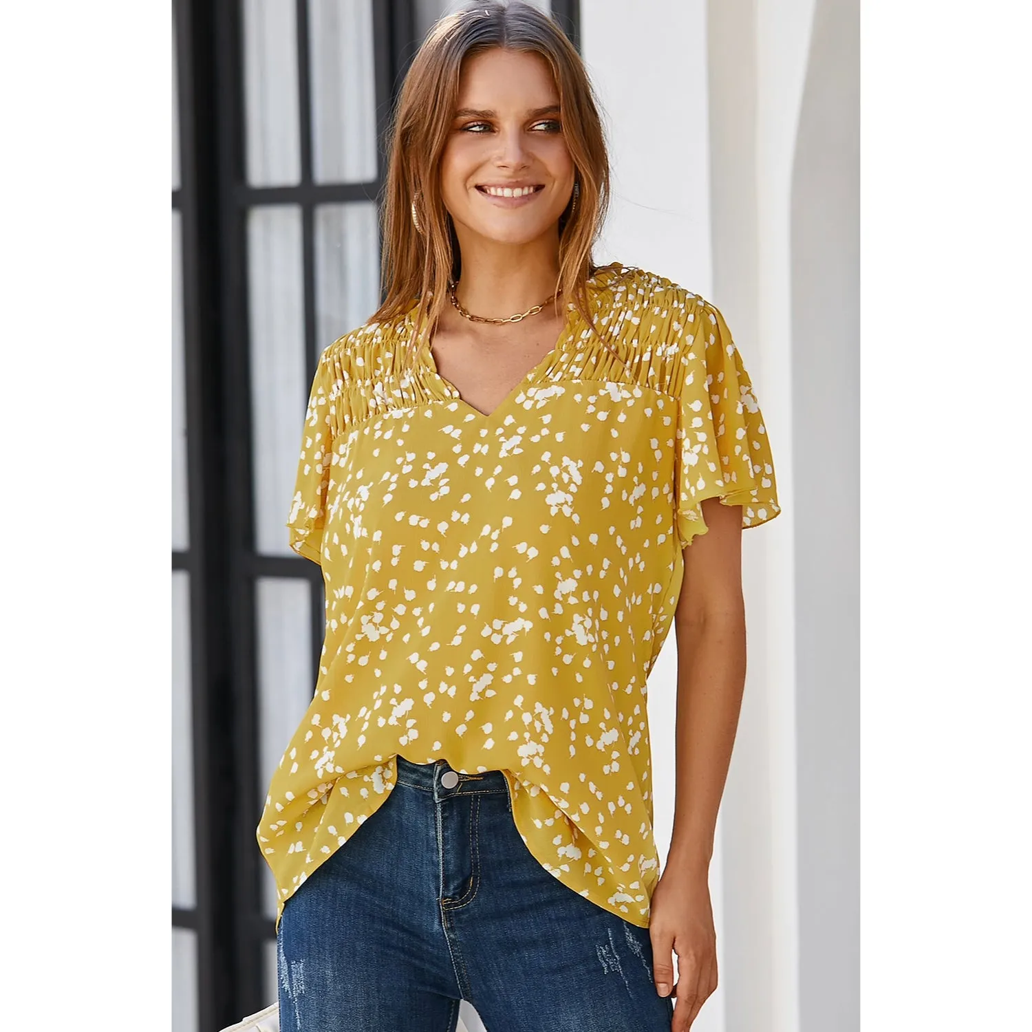 Women's Fashion Short Sleeve V-Neck Chiffon Blouse