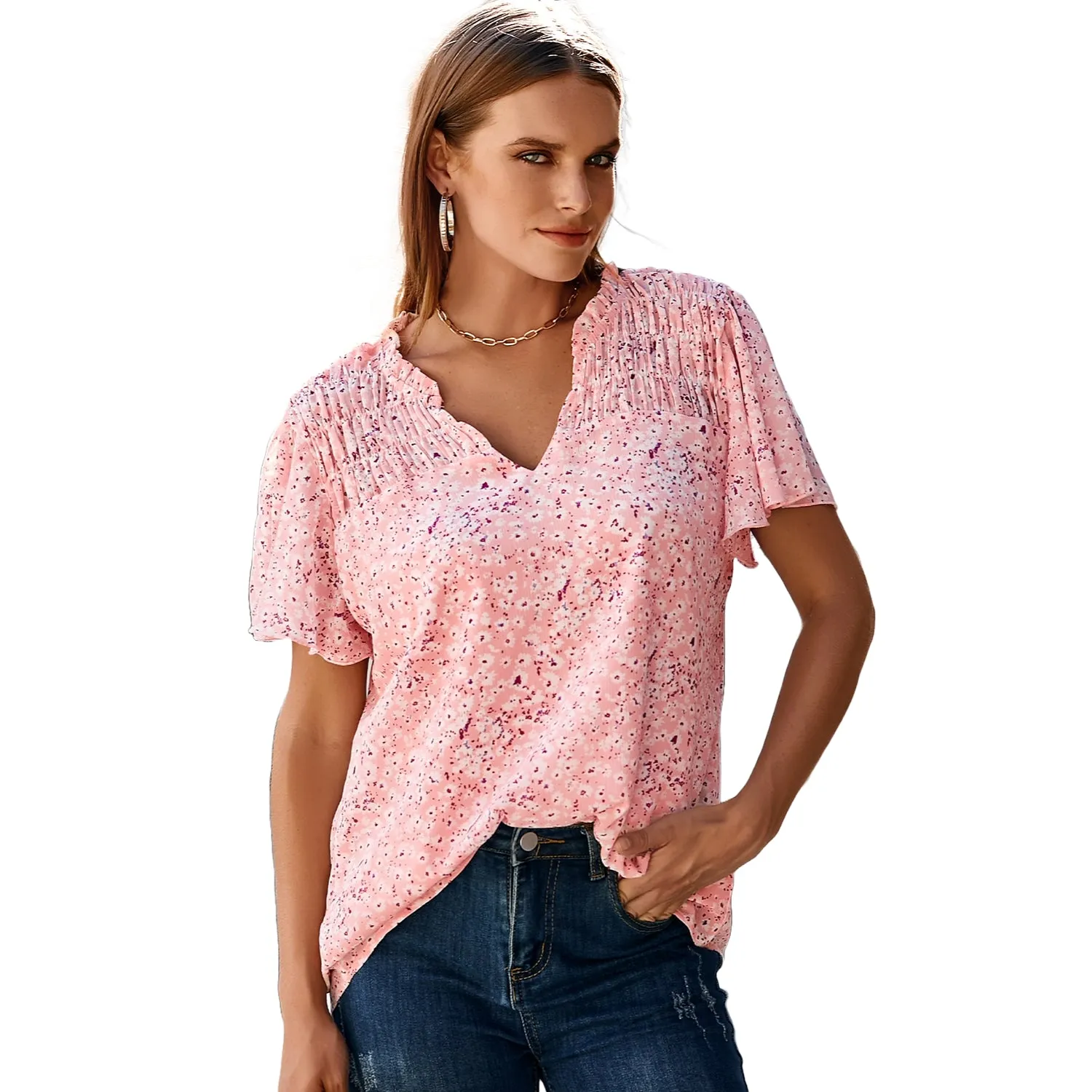 Women's Fashion Short Sleeve V-Neck Chiffon Blouse