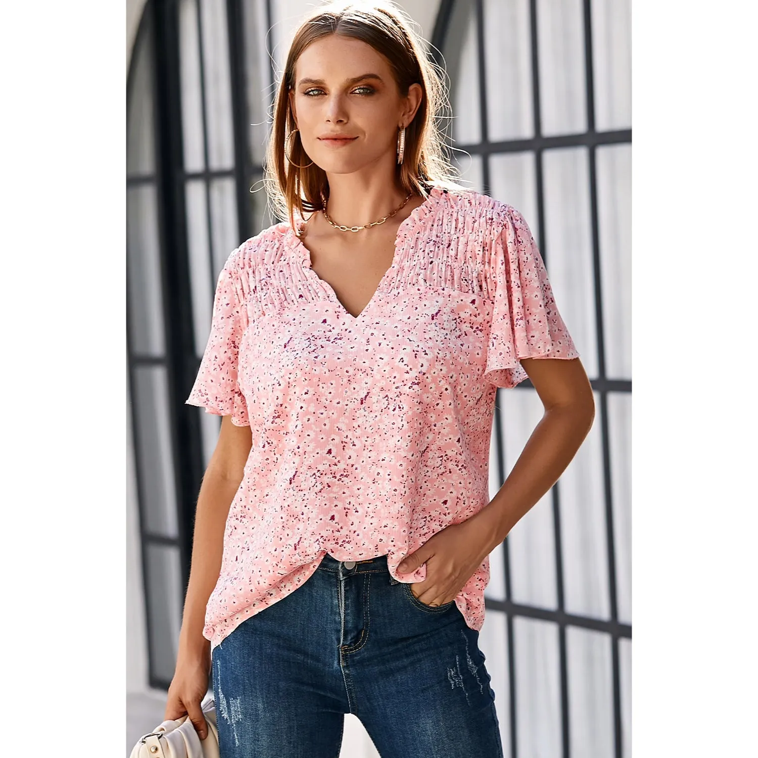 Women's Fashion Short Sleeve V-Neck Chiffon Blouse