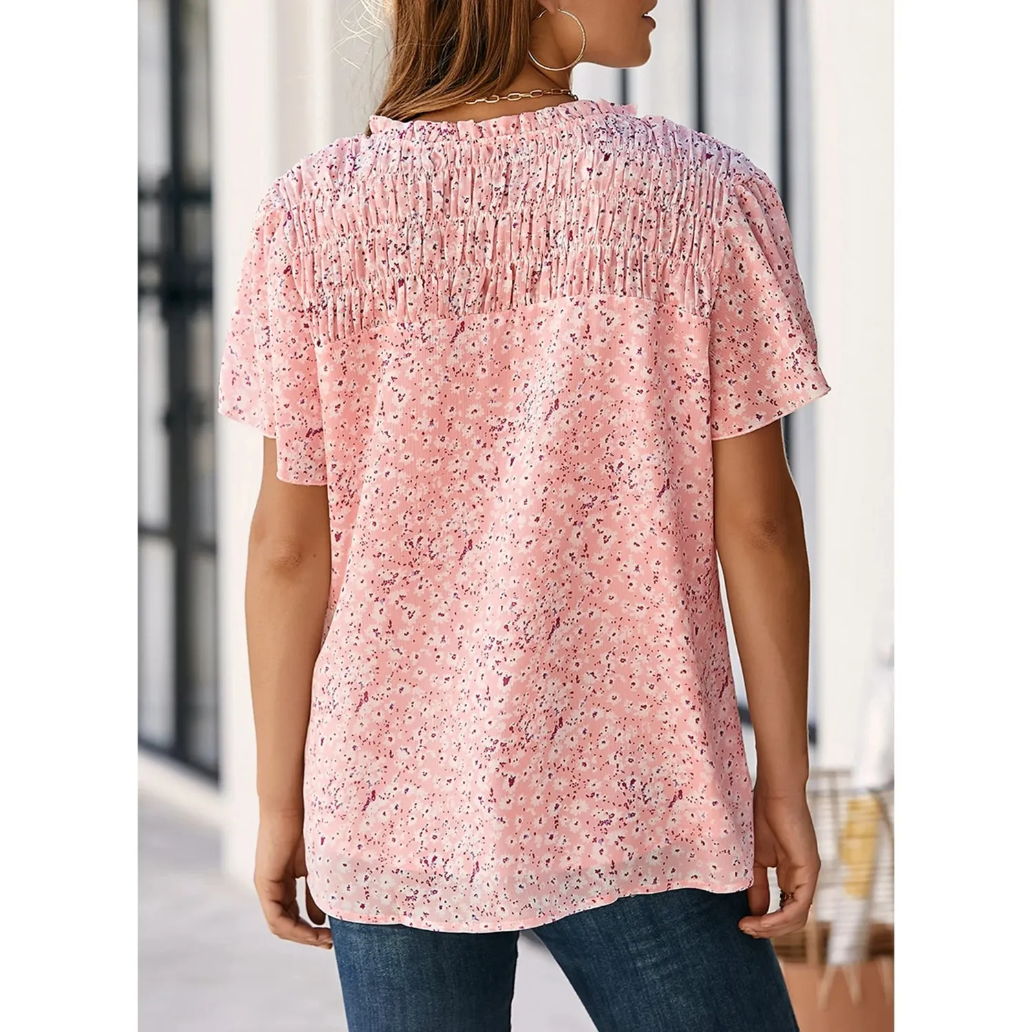 Women's Fashion Short Sleeve V-Neck Chiffon Blouse