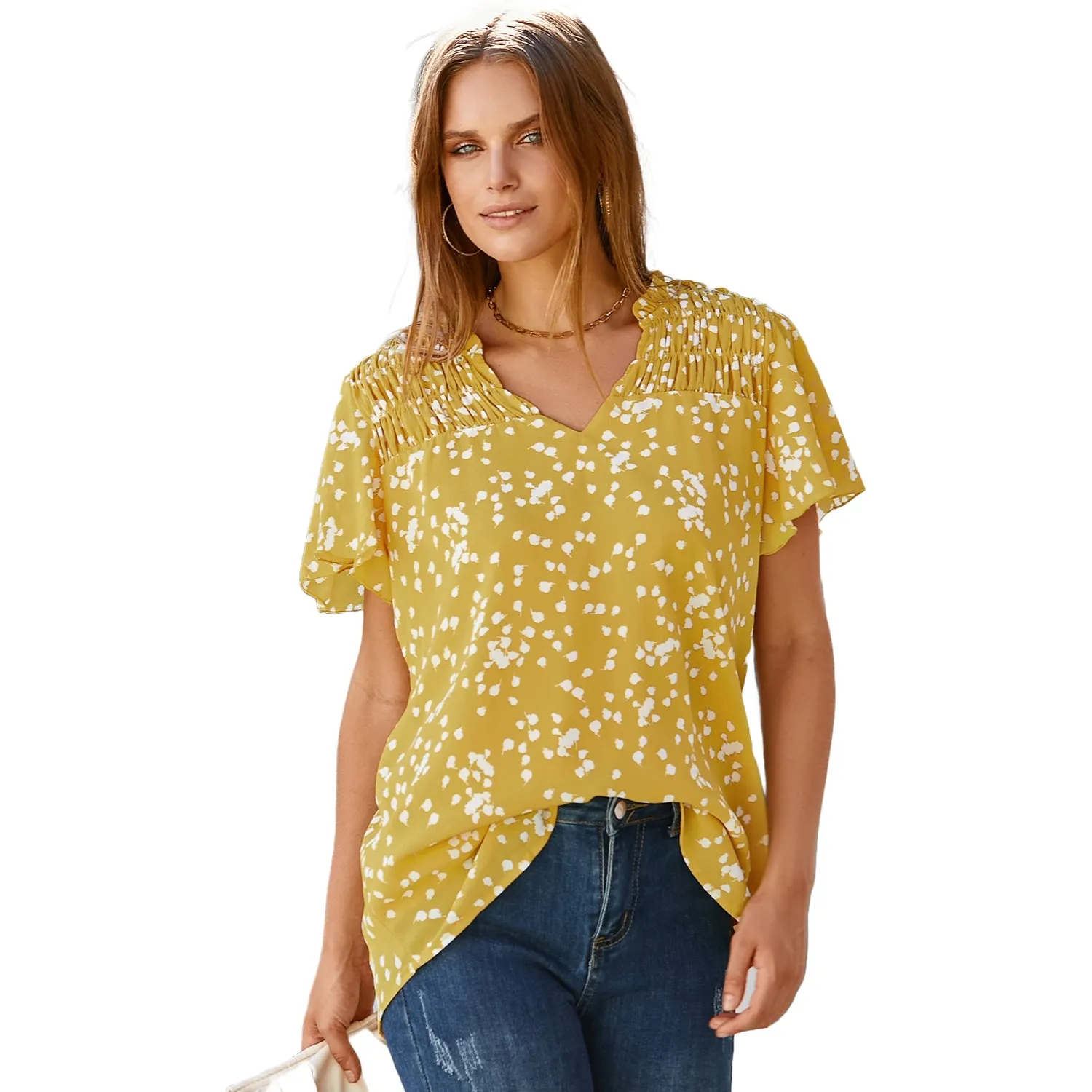 Women's Fashion Short Sleeve V-Neck Chiffon Blouse