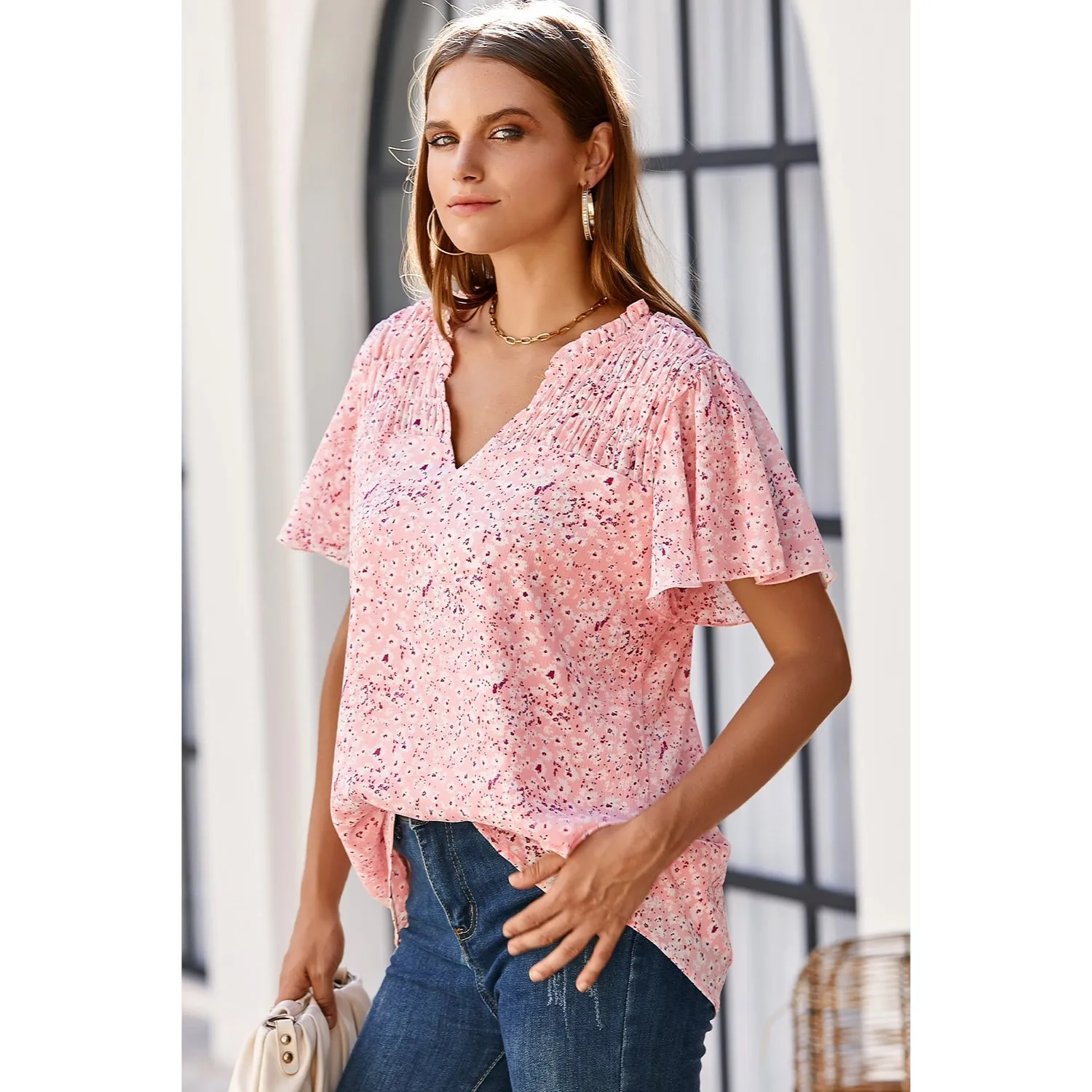 Women's Fashion Short Sleeve V-Neck Chiffon Blouse