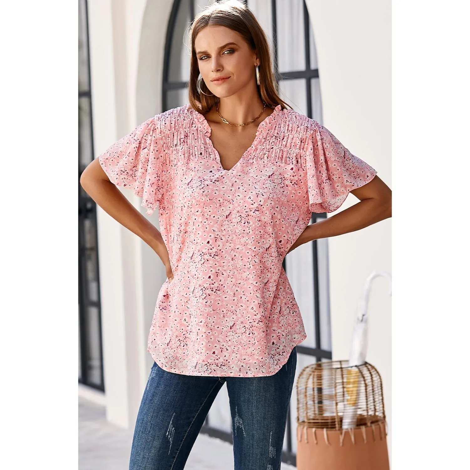 Women's Fashion Short Sleeve V-Neck Chiffon Blouse