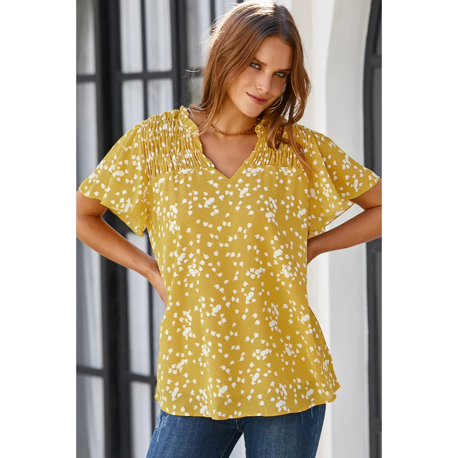 Women's Fashion Short Sleeve V-Neck Chiffon Blouse