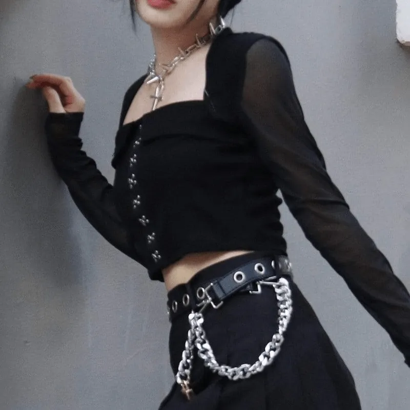 Women's Punk Square Collar Long Sleeved Mesh Crop Tops