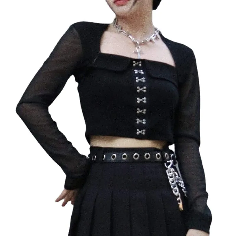 Women's Punk Square Collar Long Sleeved Mesh Crop Tops