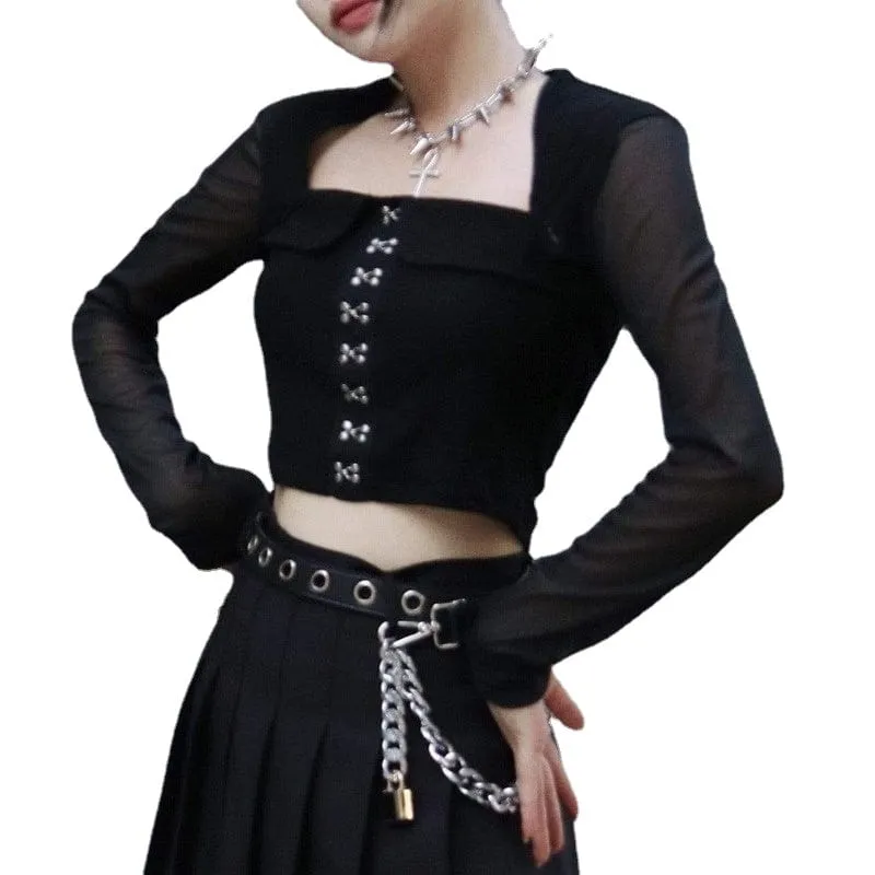 Women's Punk Square Collar Long Sleeved Mesh Crop Tops