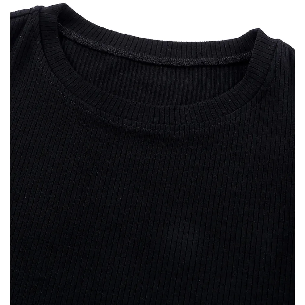 Women's Ribbed Knit Top with Layered Ruffle Sleeves - Slim Fit-Black