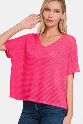 Women's Zenana Drop Shoulder Short Sleeve Jacquard Knit Top