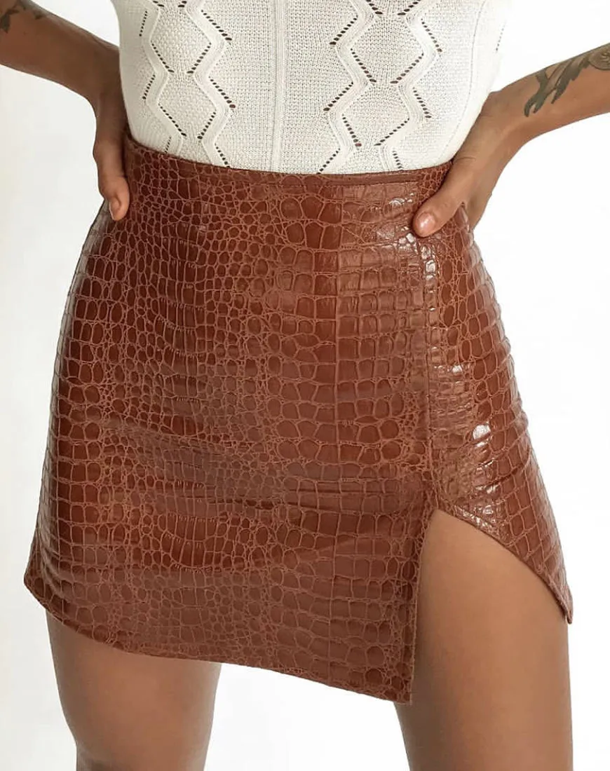 Wren Mini Skirt in PU Croco Brown